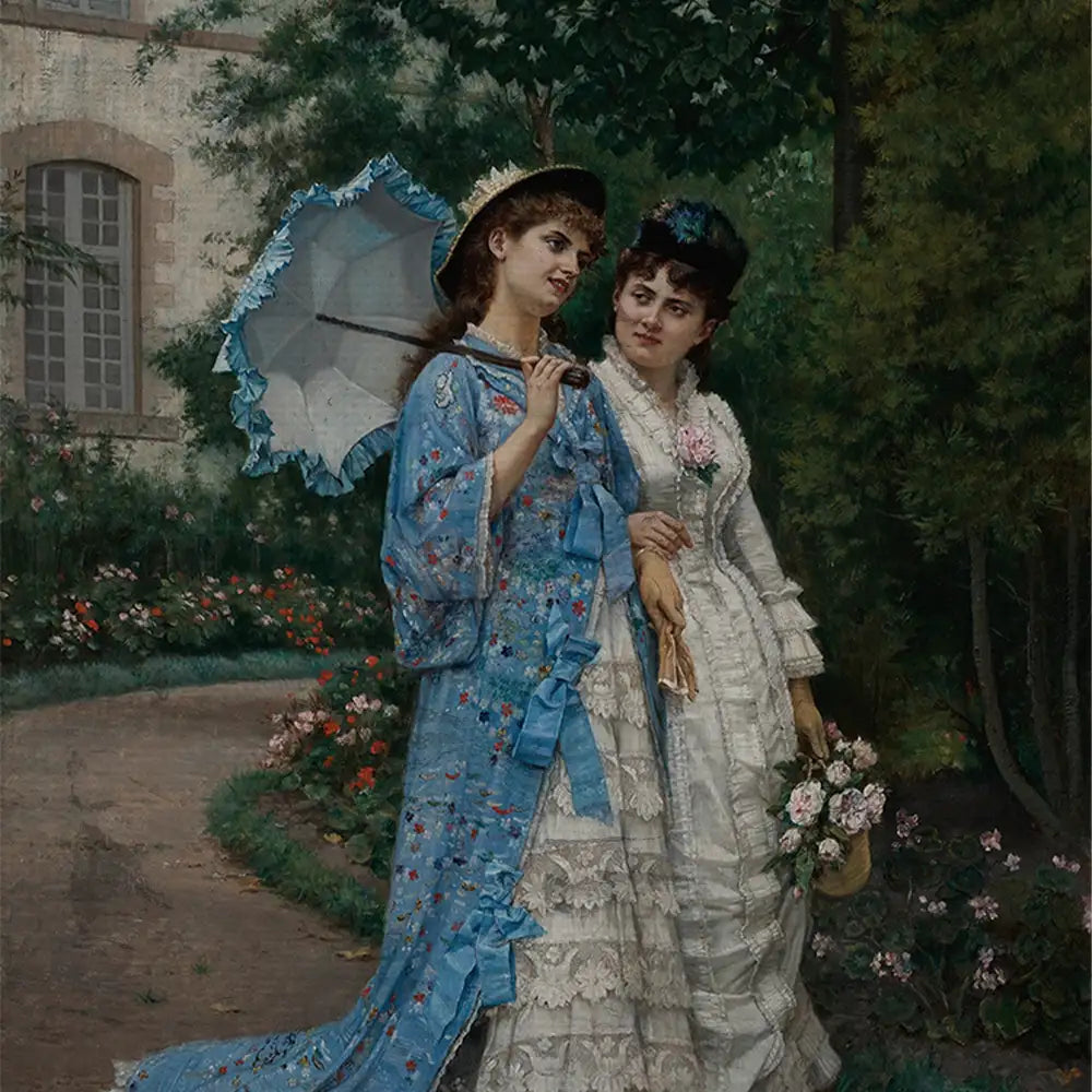 Two elegantly dressed women stroll through a garden, one holding an umbrella and the other a bouquet of flowers, surrounded by lush greenery and blooming flowers.