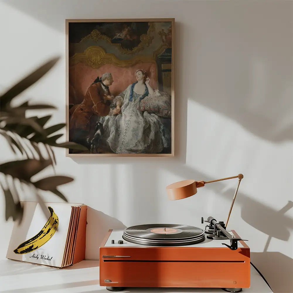 Painting of a woman in a white dress seated with a man in a brown coat, framed on a wall above a vintage record player and albums.