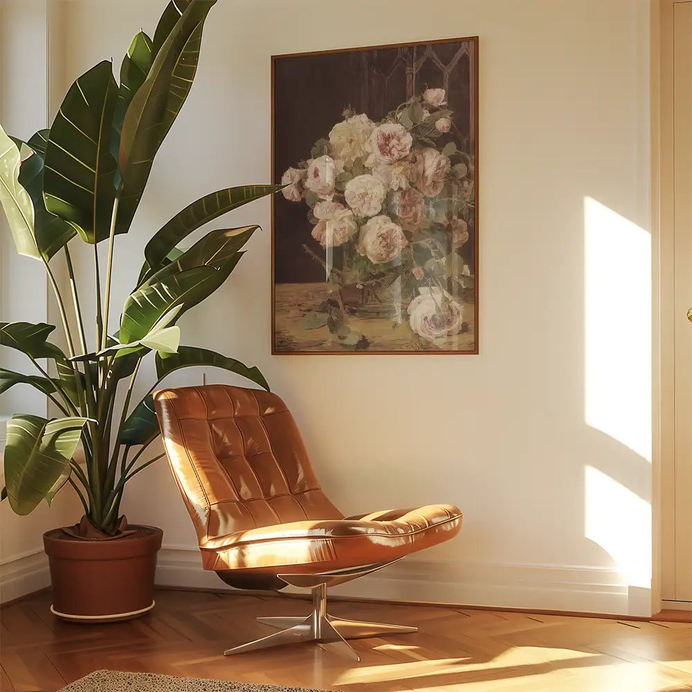 A cozy corner featuring a leather chair, a large potted plant, and a floral painting on the wall.