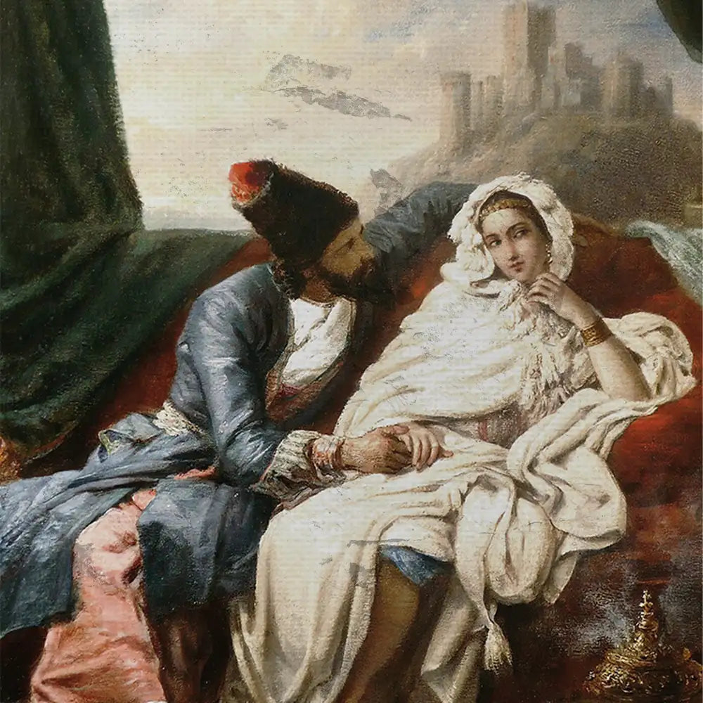 A historical painting depicting a seated man in traditional attire engaging with a woman in a white shawl, set against a scenic background.