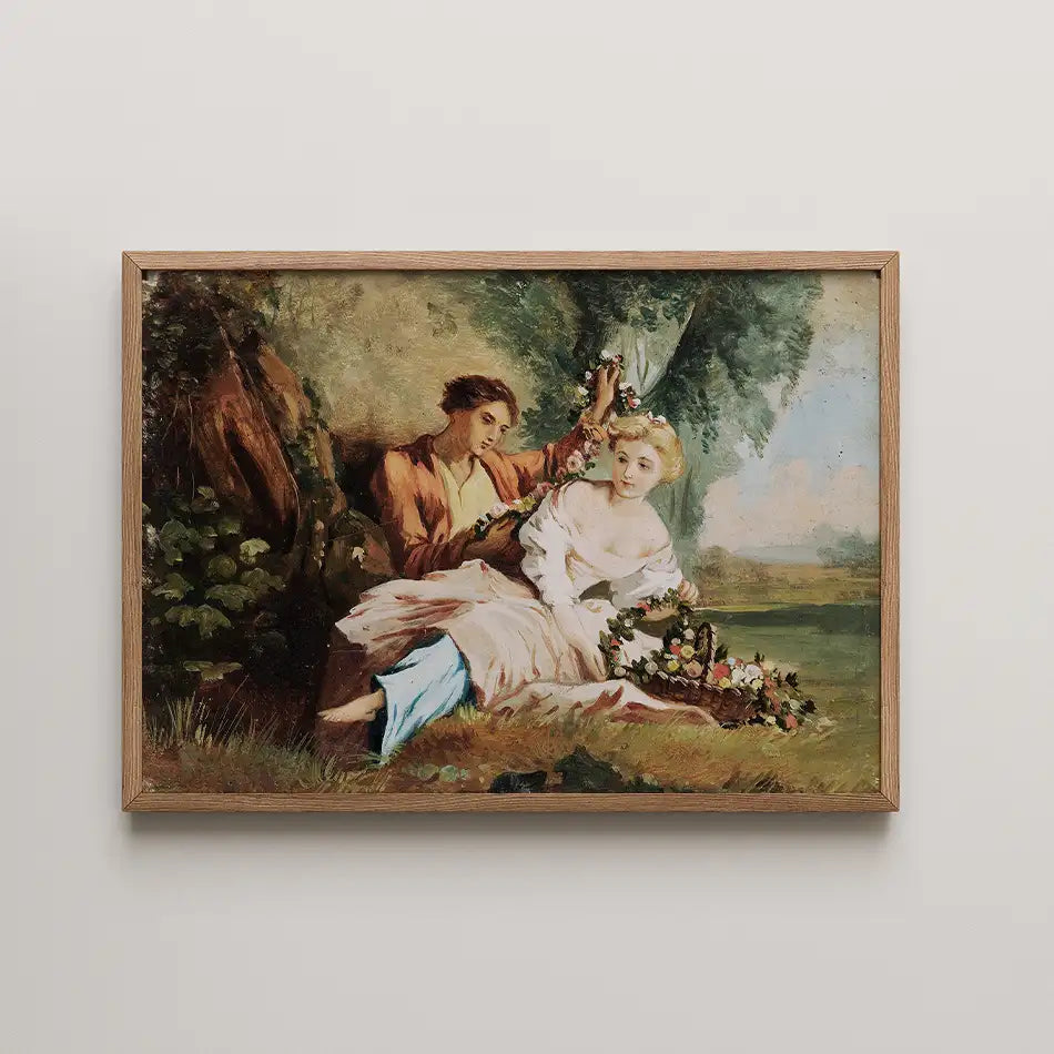 Painting of a man and woman seated in a natural setting, with the man adorned with flowers and the woman wearing a white dress, framed in a wooden frame.