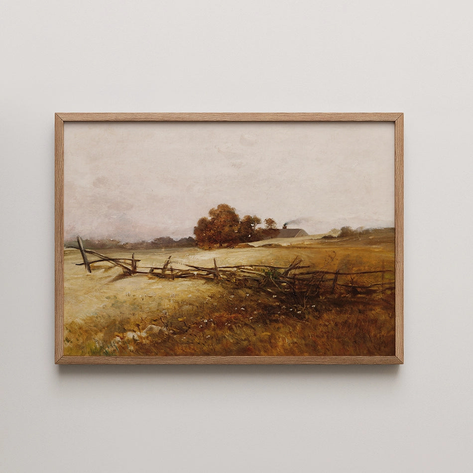 Framed painting of a pastoral landscape featuring a wooden fence and autumn trees against a soft sky backdrop.