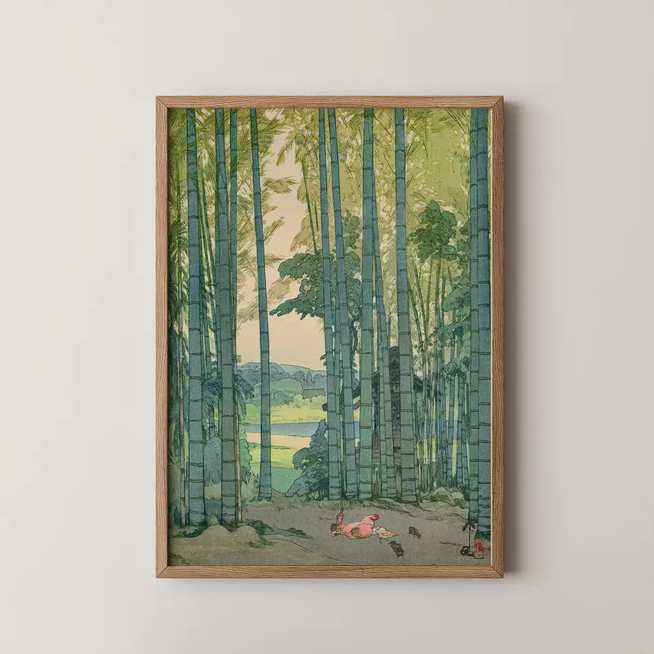 Framed painting of a serene bamboo forest scene with a pink rabbit surrounded by smaller animals and a soft pastel sky.