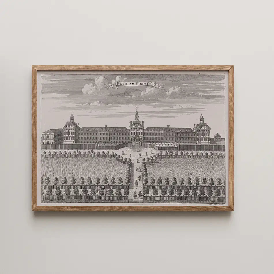 Framed vintage illustration of Bethlem Hospital surrounded by landscaped gardens and pathways.