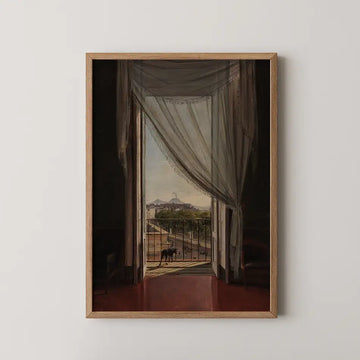 Painting of a scenic view through an open window with sheer drapes, featuring a dog on the balcony and a landscape in the background.