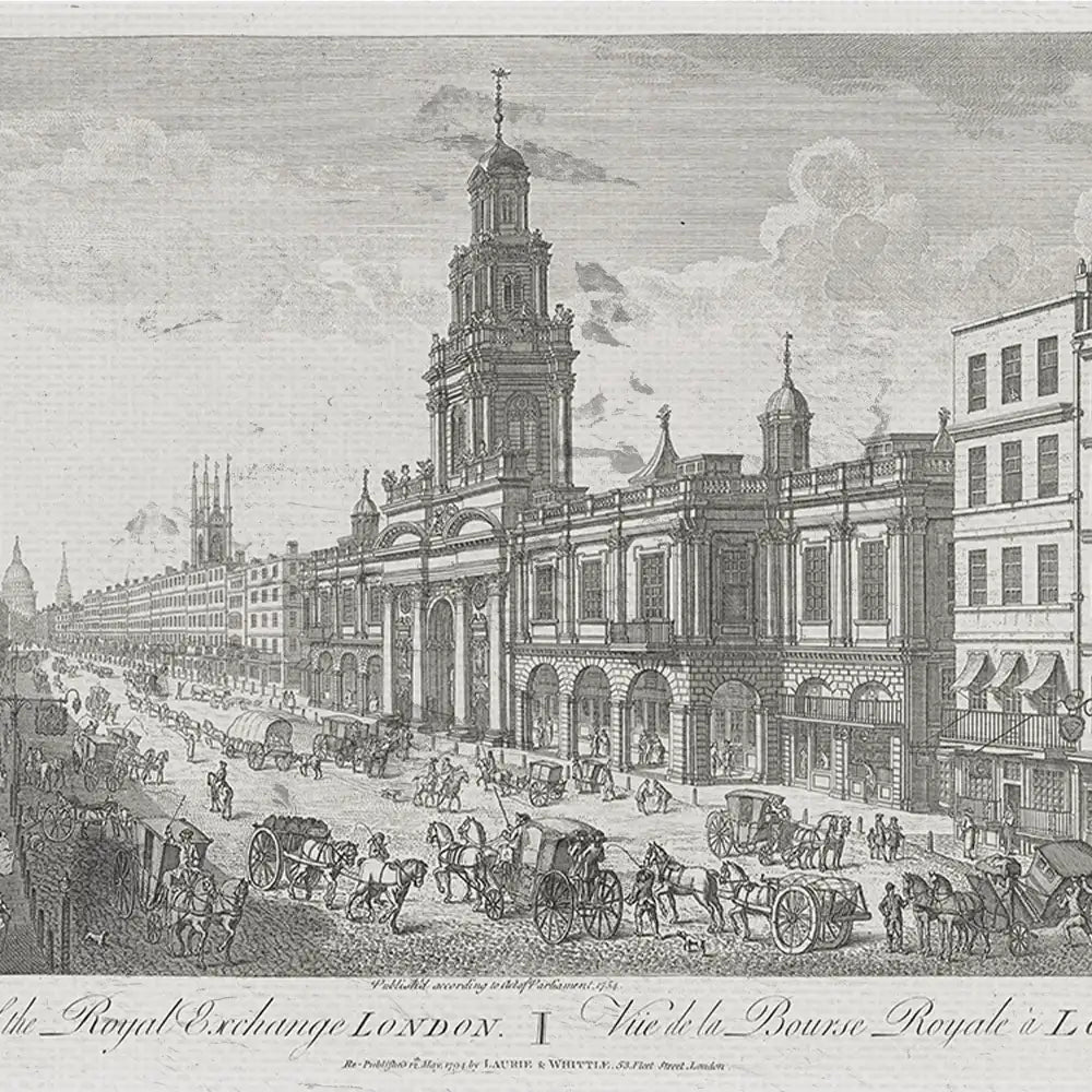 Etching of the Royal Exchange in London, featuring horse-drawn carriages and people along a busy street, with historical architecture in the background.
