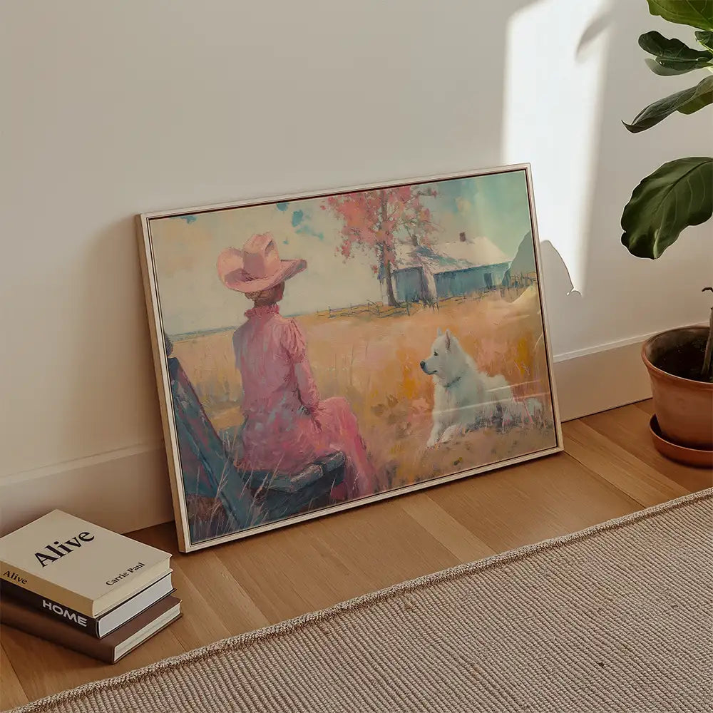 A colorful painting featuring a woman in a pink dress and cowboy hat sitting beside a white dog in a serene rural landscape with a barn.