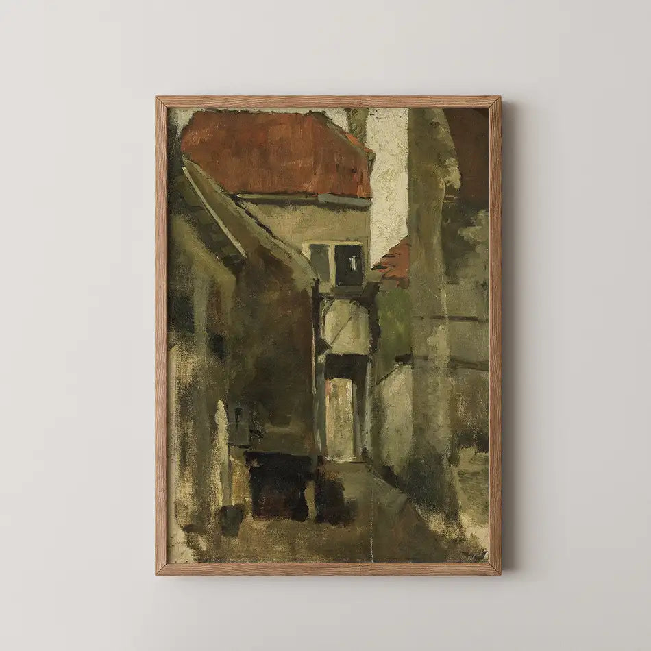 Framed painting of an alleyway with muted colors and textured brush strokes.
