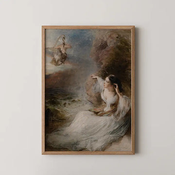 Framed painting of a woman in a flowing white dress sitting by the shore, gazing at a figure above her amidst a dramatic sky.