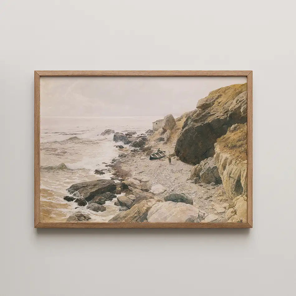 Painting of a serene coastal landscape featuring rocky shores, gentle waves, and a rocky outcrop with a small boat, framed in light wood.