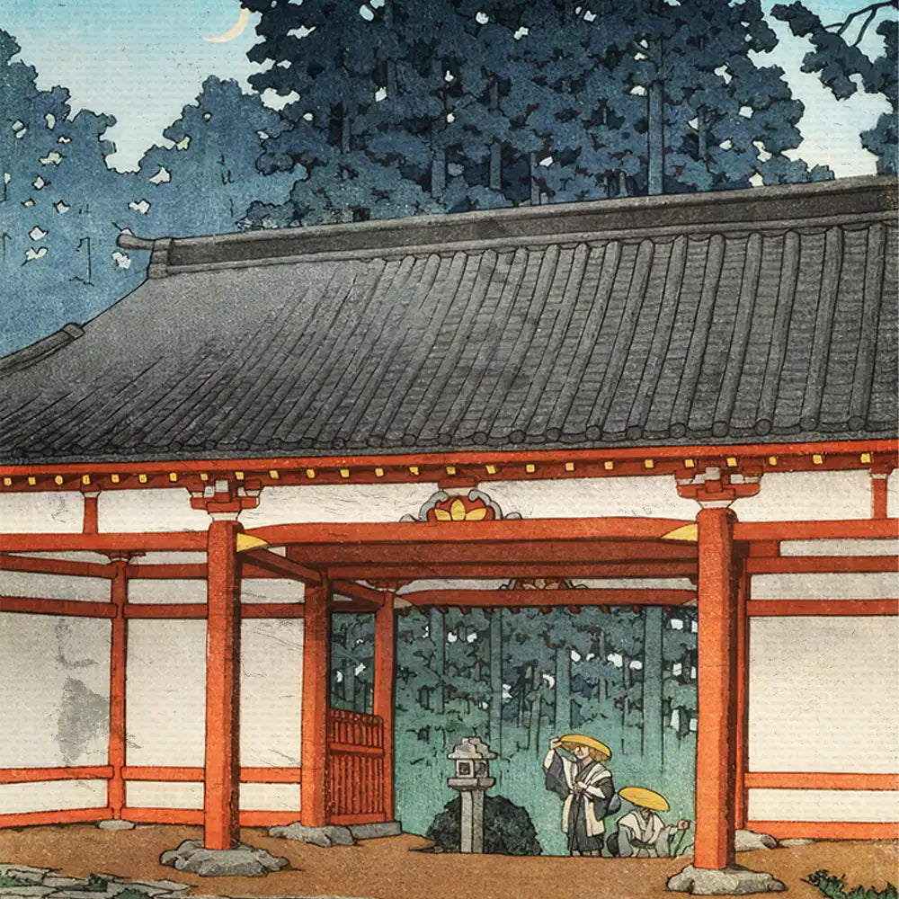 Traditional Japanese landscape painting featuring two figures beneath a large roofed structure surrounded by trees.