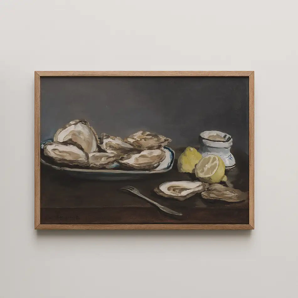 Still life painting of oysters on a plate with lemons and a small jar, framed in wood.