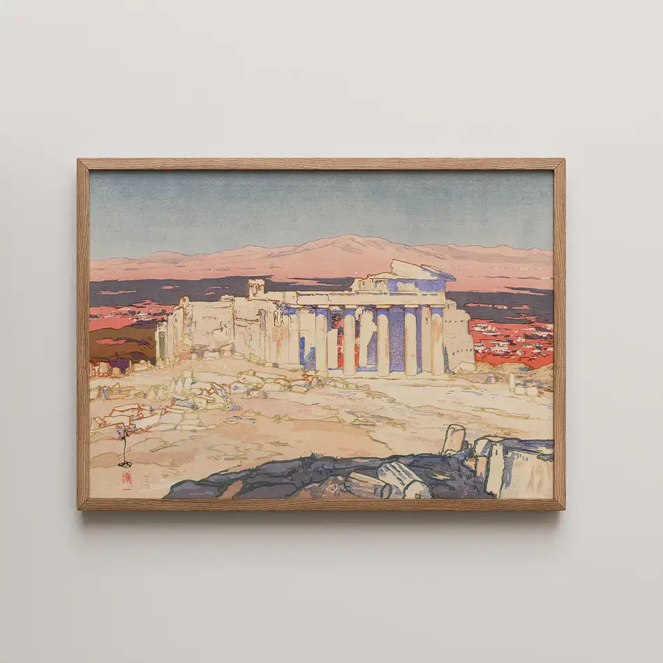 Framed painting of ancient ruins under a pastel sky, showcasing the Acropolis with hills in the background.