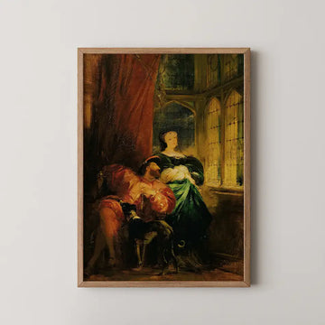 Painting of a man sitting beside a woman in a green dress, with a dog at their feet and large windows in the background, framed in wood.