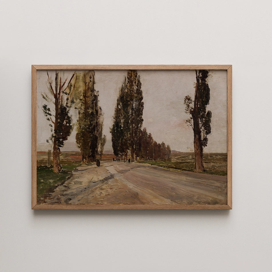 Painting of a calm landscape featuring tall poplar trees lining a dirt road, framed in light wood.