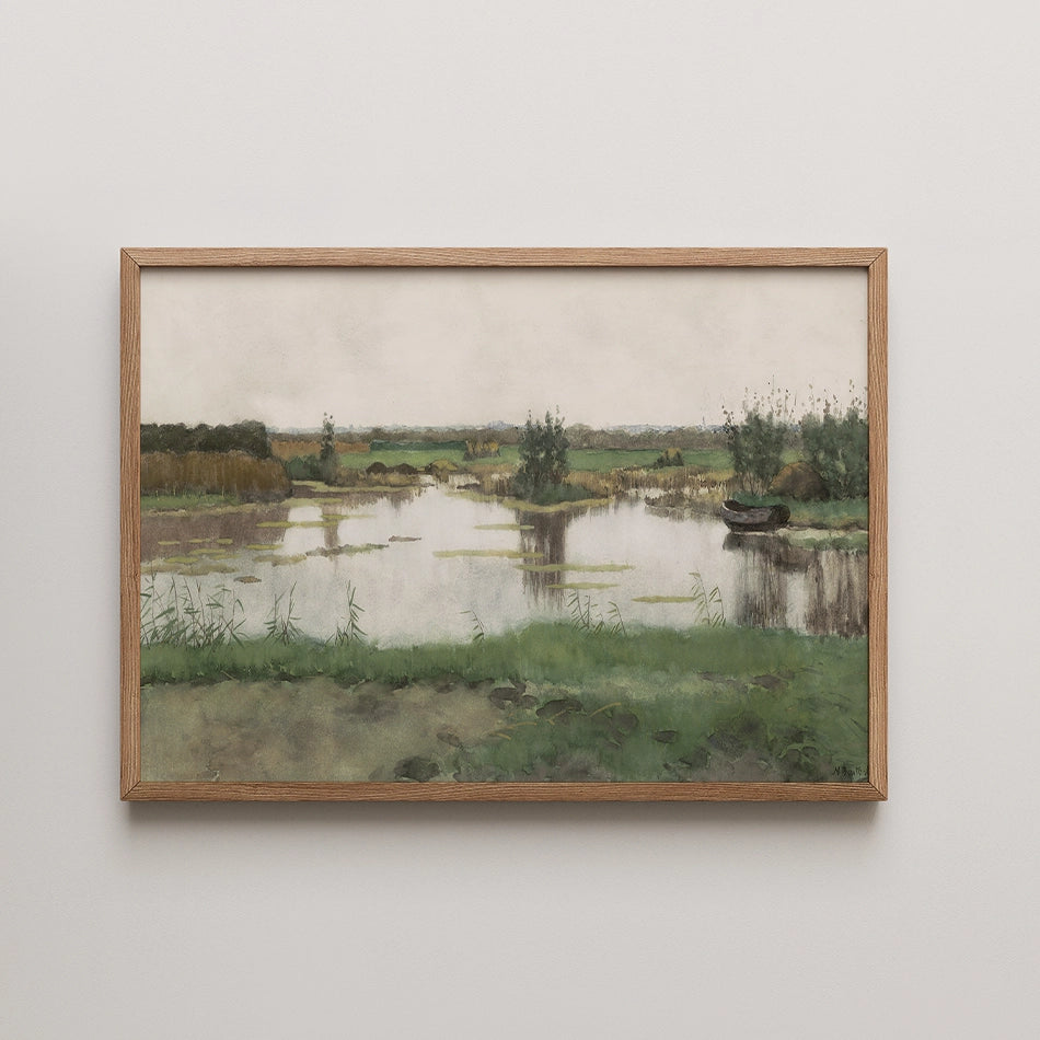 Lush landscape painting featuring a tranquil river, surrounded by greenery and trees, framed in natural wood.