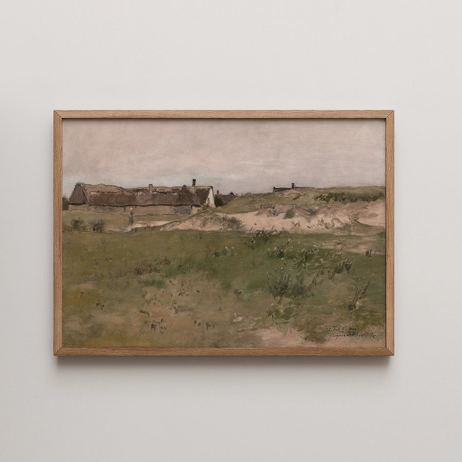 Painting of a landscape featuring a grassy area with thatched-roof cottages under a cloudy sky, framed in natural wood.