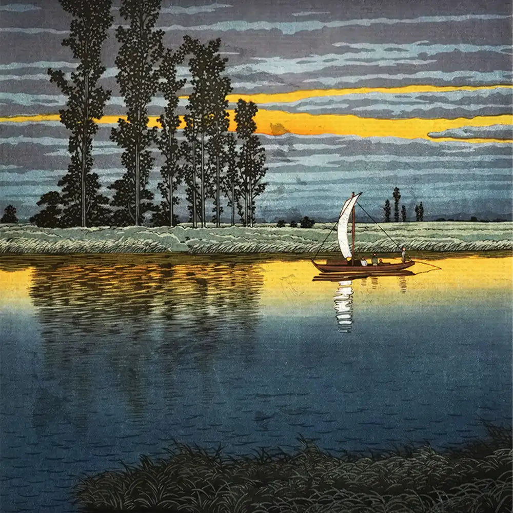 A serene painting of a boat sailing on a reflective lake at sunset, surrounded by tall trees and dramatic clouds in shades of gray and orange.