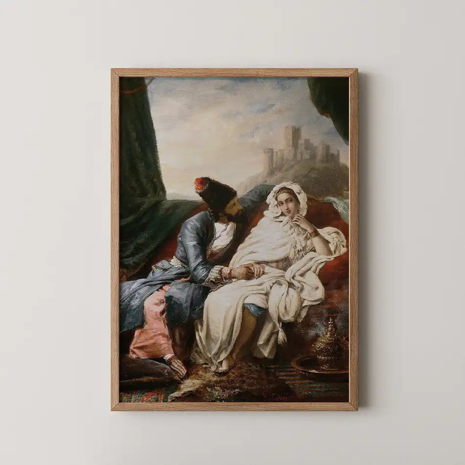 A framed painting depicting a couple in traditional attire, set against a scenic backdrop with a castle in the distance, showcasing intricate details and warm colors.