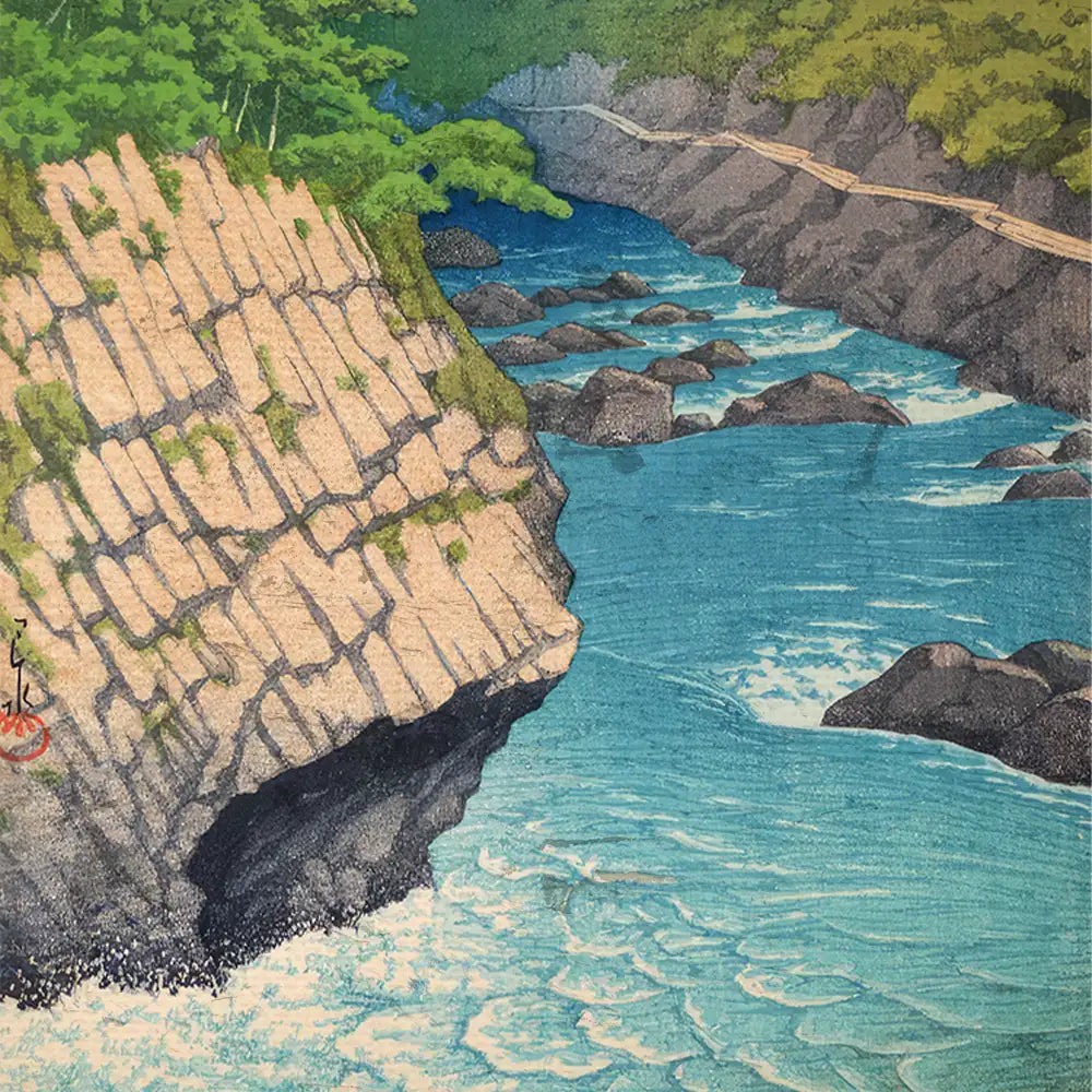 A serene landscape painting featuring rocky cliffs and a vibrant blue river winding through lush greenery.
