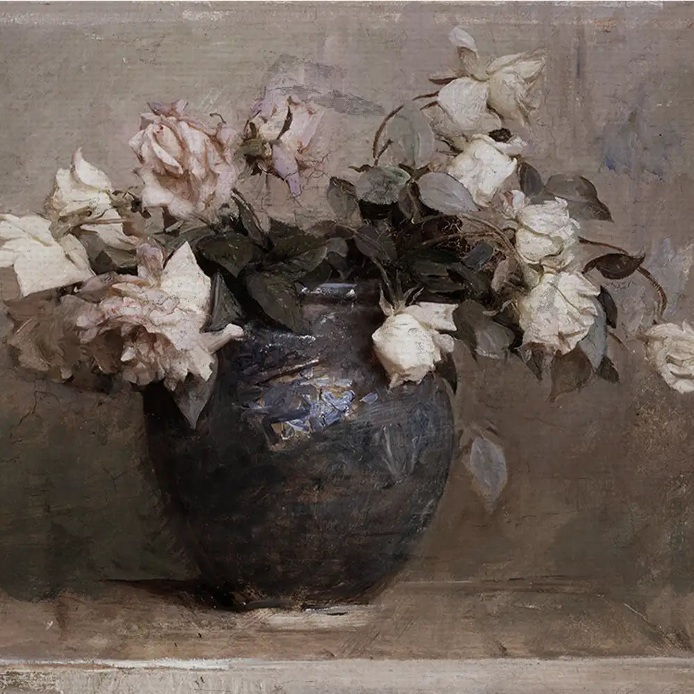 Still life painting of a blue vase filled with white and pink roses against a muted background.