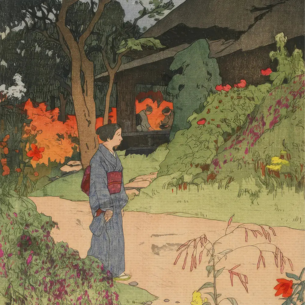 A young woman in a traditional kimono standing on a path surrounded by lush greenery and colorful flowers, with a rustic building in the background.