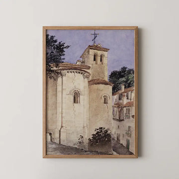 Painting of a historic church with a blue sky and trees, framed in natural wood.
