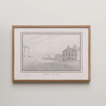 Framed monochrome drawing of Queen Square featuring historical architecture and street scenes.