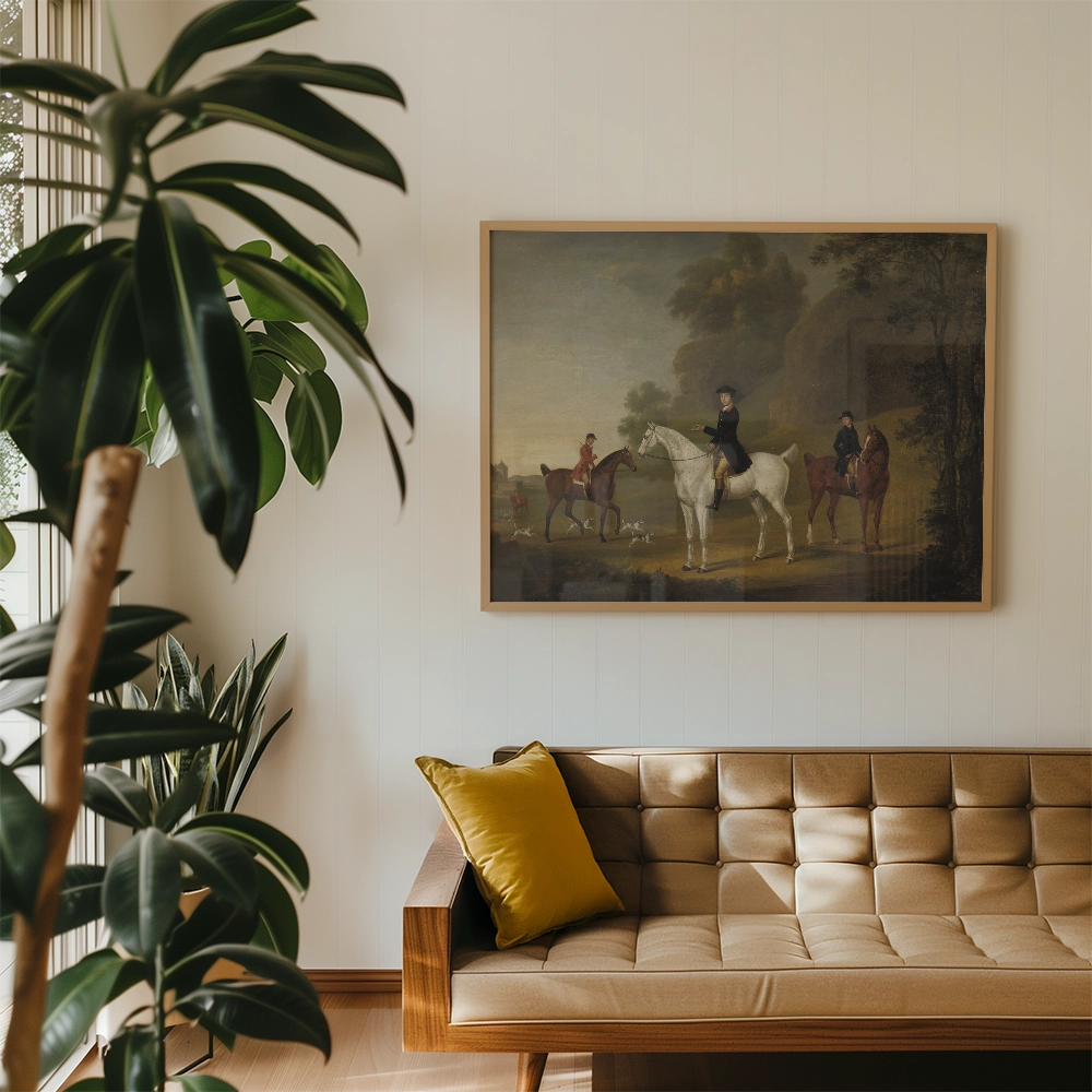 Painting of a horse and riders displayed in a stylish living room with a wooden sofa and indoor plants.