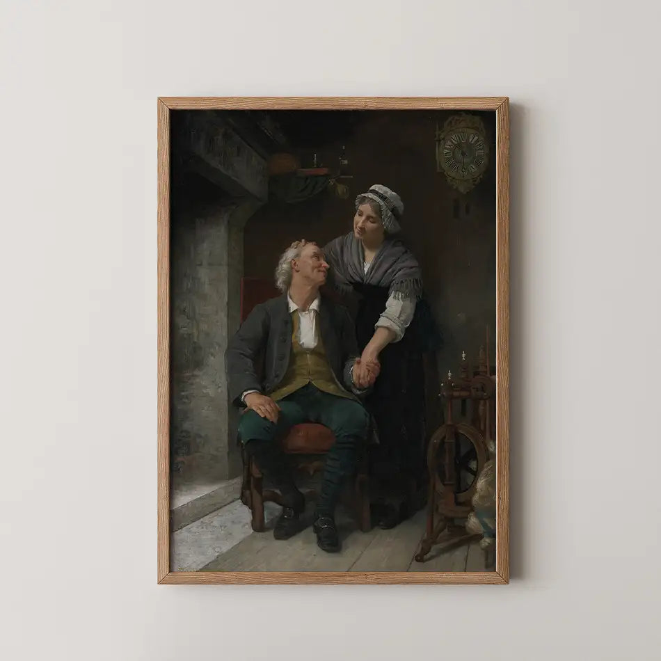 Painting of a man seated in a chair and a woman standing beside him, holding hands, set in a cozy, rustic interior with a fireplace and clock.