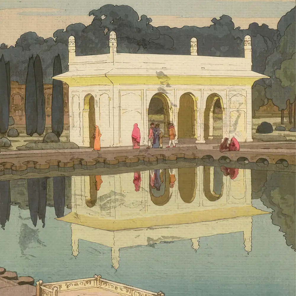 A serene painting of a white pavilion reflecting in a tranquil pond, surrounded by lush trees and people dressed in vibrant clothing.