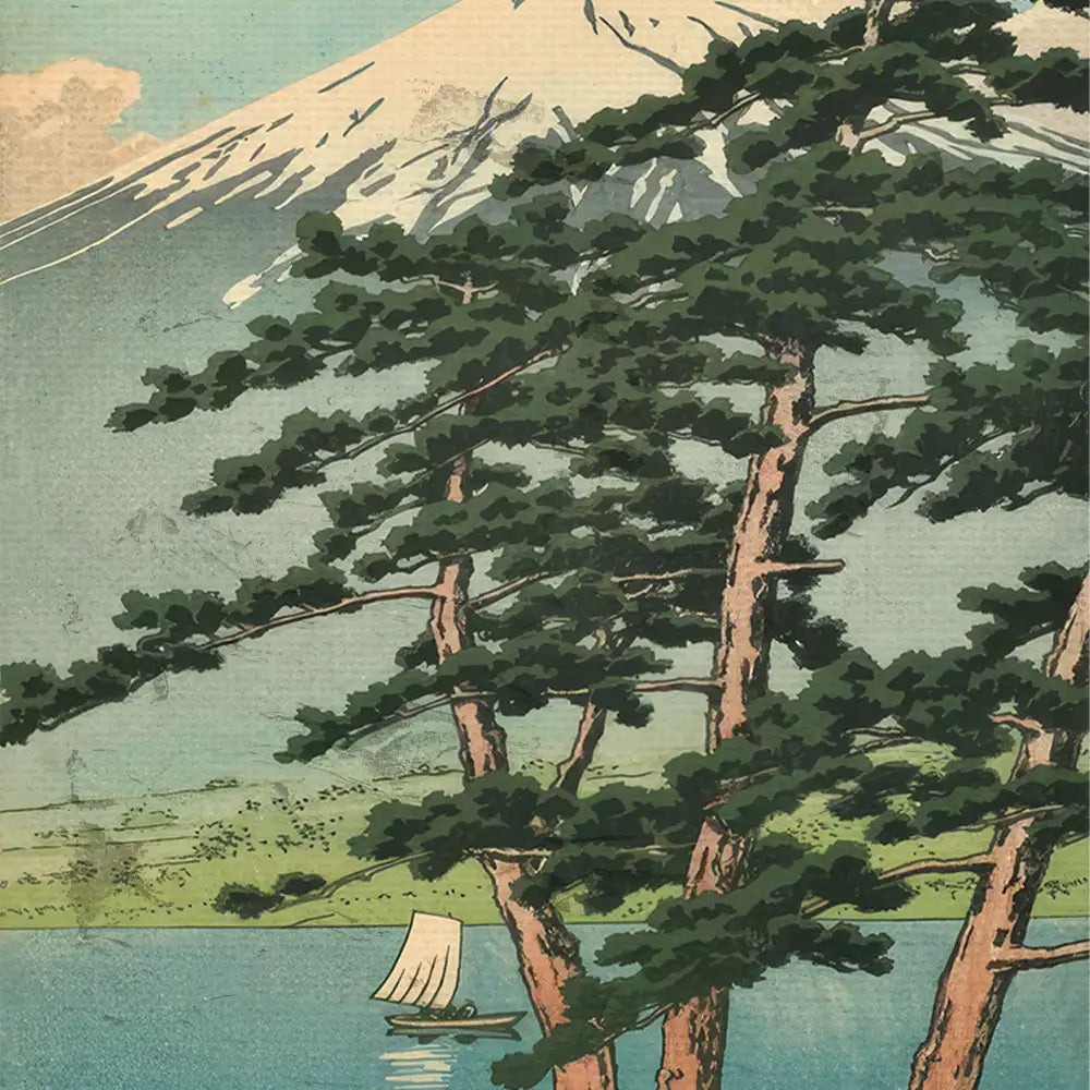 Painting of trees near a lake with a sailboat and a mountain in the background.