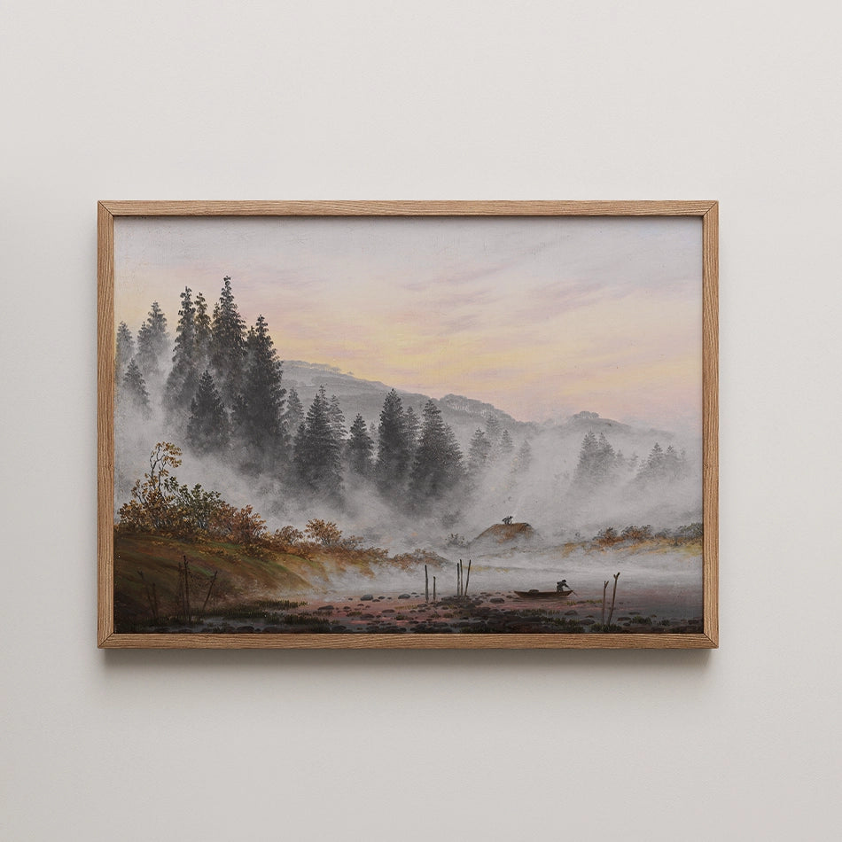 Framed painting of a misty landscape with trees and a river at sunrise.
