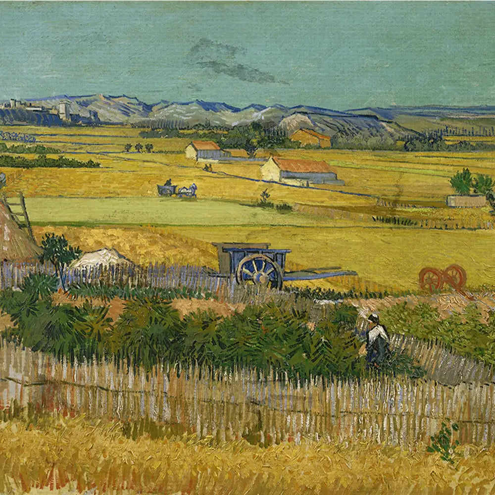 Landscape painting featuring fields, a blue cart, and a farmer working, with mountains in the background.