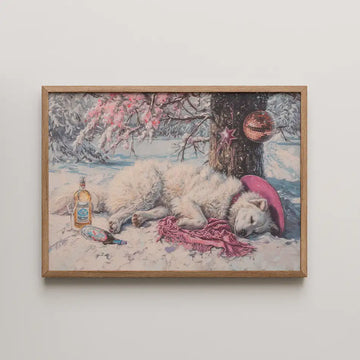 "Whimsical art print featuring a peaceful white dog resting under a tree in a snowy scene, adorned with festive ornaments, a pink hat, and a cozy scarf, capturing a blend of humor and tranquility for dog lovers and art enthusiasts."