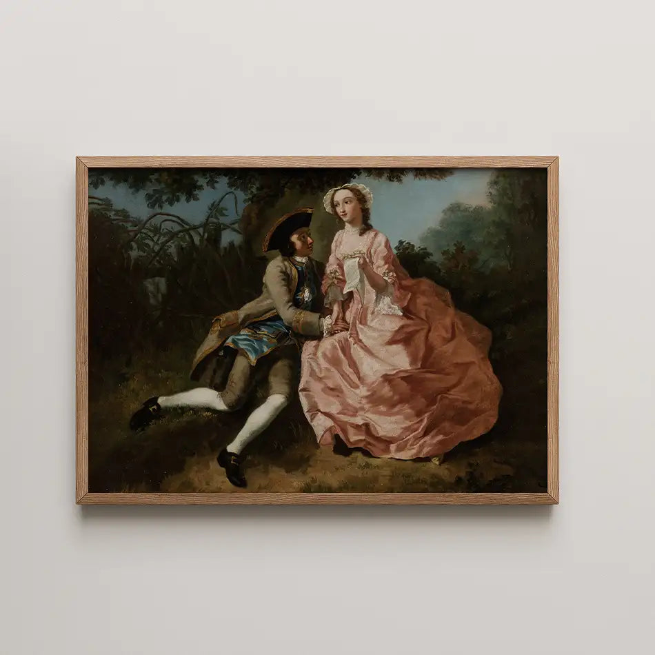 Romantic painting of a couple in 18th-century attire, featuring a man in a blue coat and a woman in a pink dress, set against a lush, green background.