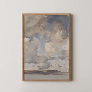 Watercolor painting of a cloudy sky, framed in natural wood.