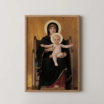 Painting of the Virgin Mary seated with baby Jesus, both adorned with halos, framed in a wooden frame with a textured gold background.