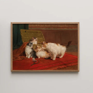 Painting of four playful kittens on a red carpet with a wicker basket in the background.