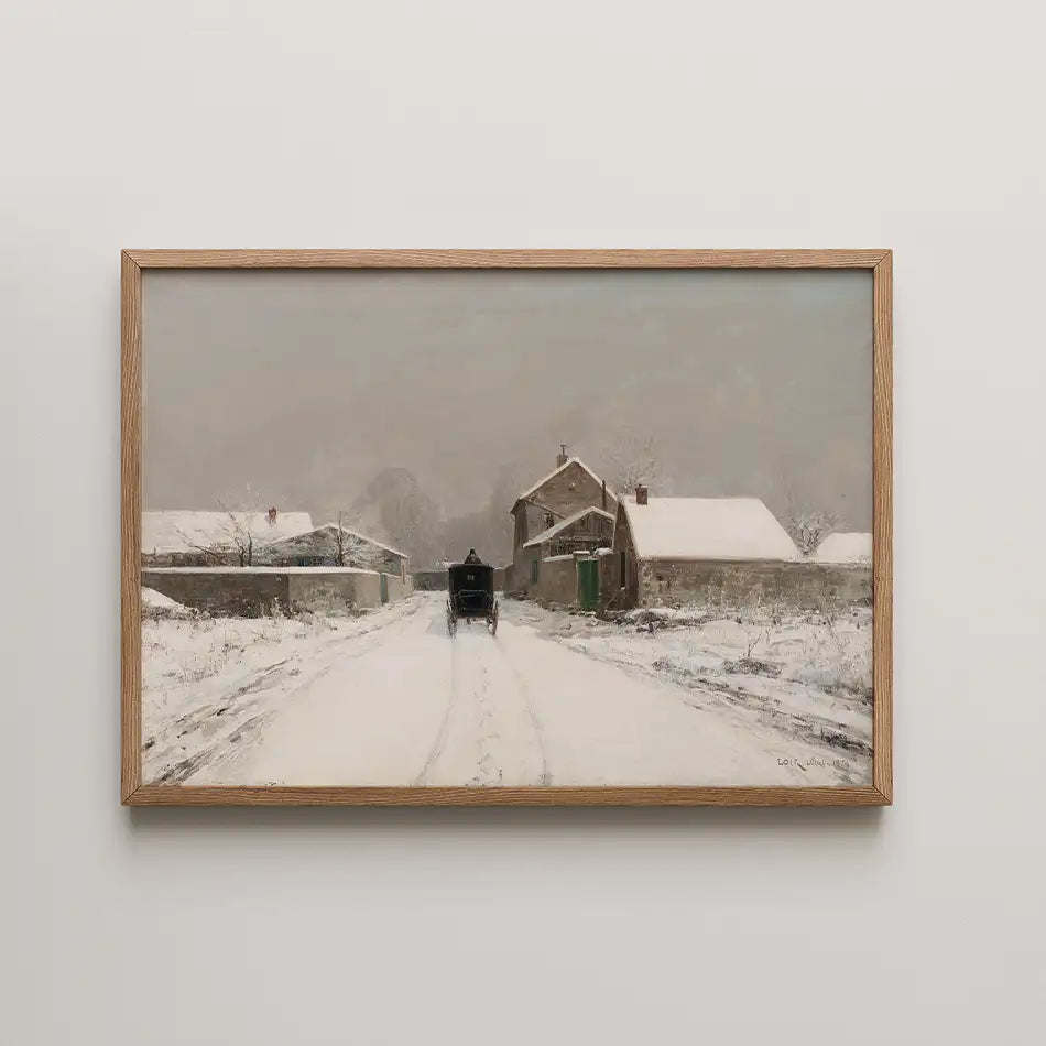 Painting of a snow-covered rural scene featuring a dirt road, a horse-drawn carriage, and rustic houses framed in natural wood.
