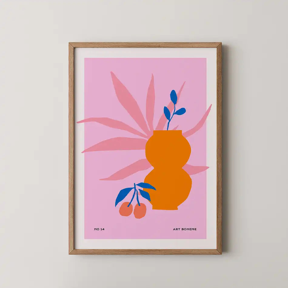 Pink Bloom Vase abstract art print featuring a vibrant orange vase with playful foliage against a soft pink background, ideal for modern home decor"
