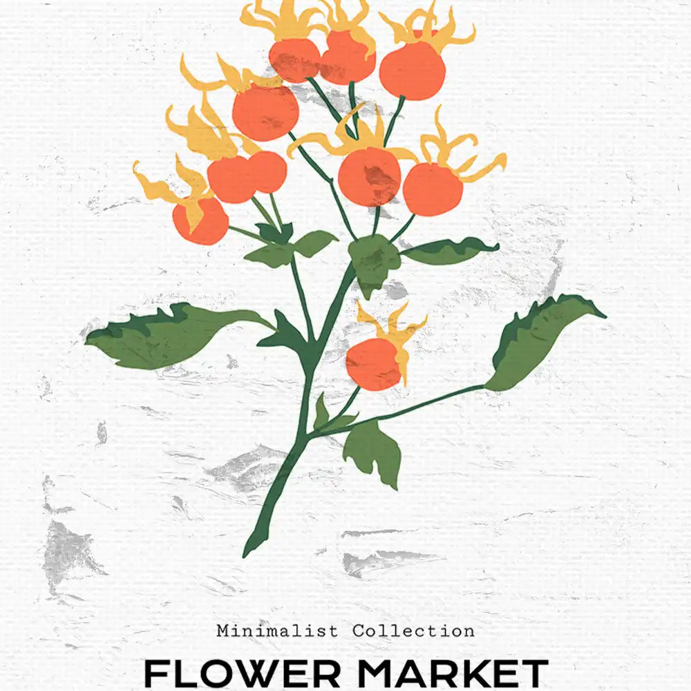 Modern minimalist poster of a flower market featuring vibrant orange tomatoes and green leaves, perfect for home decor.