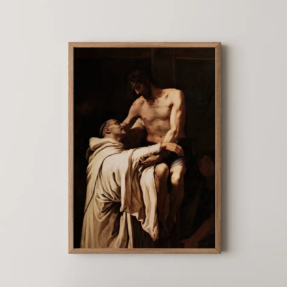 Framed painting depicting a biblical scene with a figure in a white robe assisting a crucified Christ, set against a dark background.