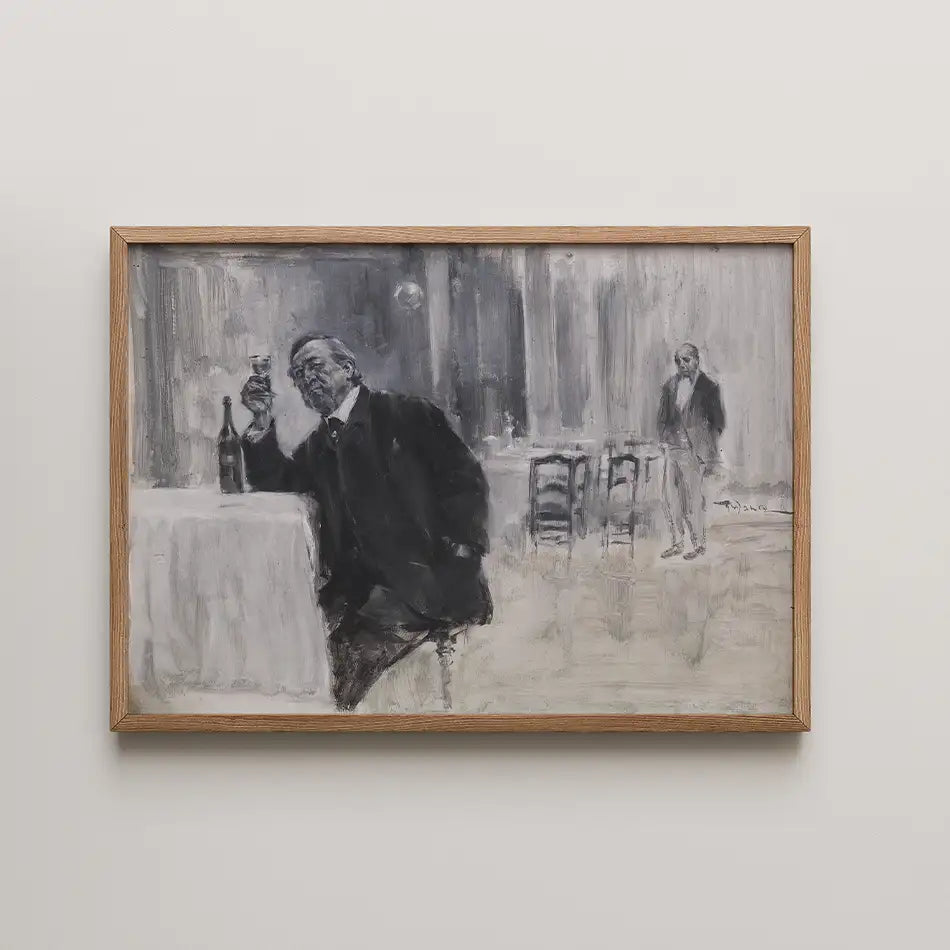 A framed painting depicting a man in formal attire holding a glass, seated at a table, with another man standing in the background in a softly painted restaurant setting.