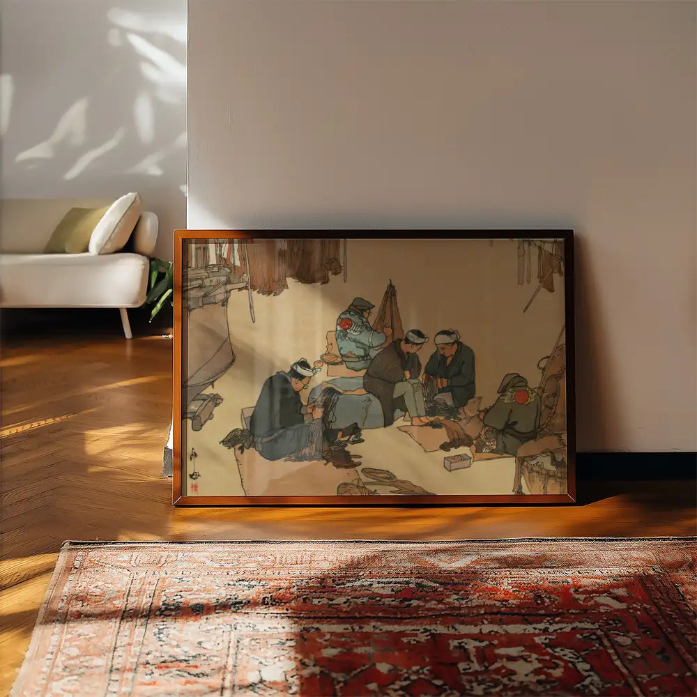 Framed painting featuring a group of people engaged in activities, placed on a wooden floor with a rug and a plant in the background.