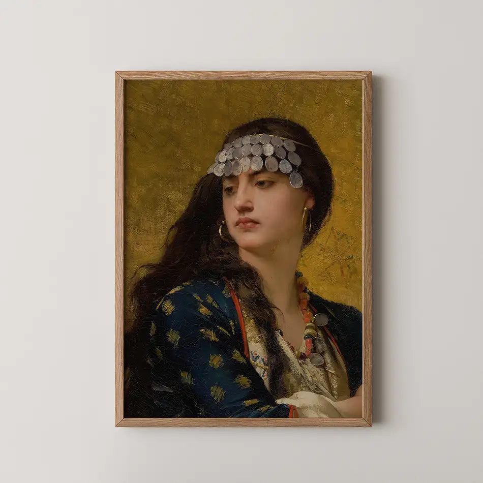 Portrait of a young woman wearing a jeweled headpiece and blue patterned clothing, framed in natural wood, against a textured golden background.