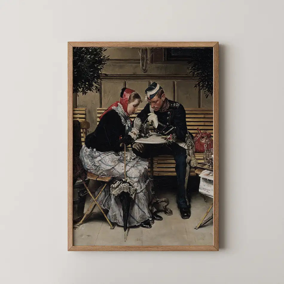 Painting of a woman in traditional attire and a soldier engaged in conversation at a café table, framed in wood.