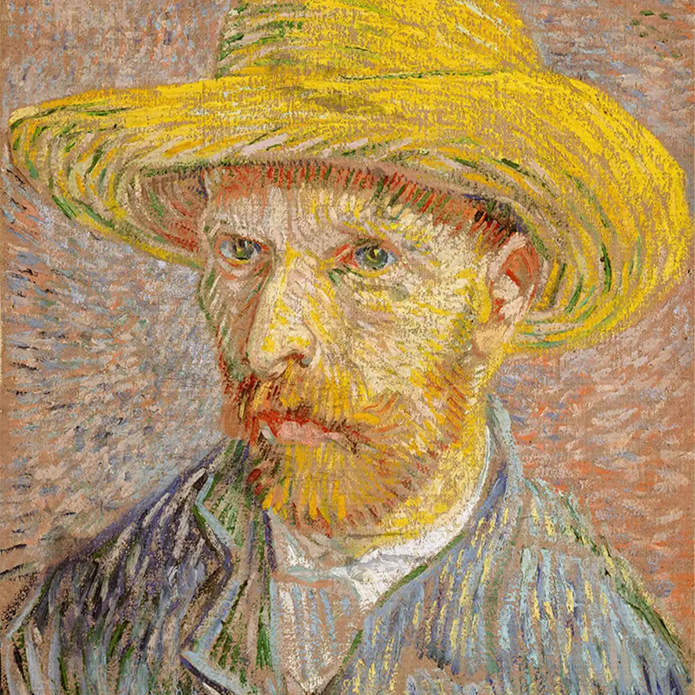 Self-portrait of a bearded man wearing a yellow straw hat, with expressive brush strokes and vibrant colors.