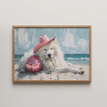 Vibrant art print of a playful Samoyed dog wearing a pink cowboy hat beside a disco ball on a sunny beach, capturing the essence of summertime joy and leisure."