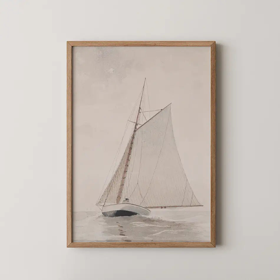 Sailing boat painting framed in wood on a neutral background.